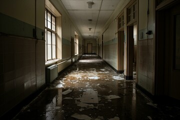 Deserted medical hallway full of dirt and cobwebs. Generative AI