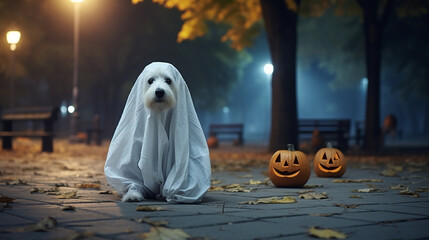 Cute dog with ghost costume in autumn park. Puppy in a ghost costume. Halloween concept.  - obrazy, fototapety, plakaty