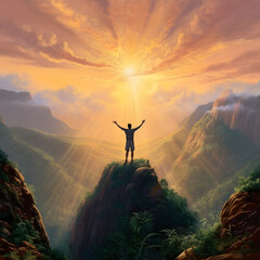 Person standing on top of a mountain, arms outstretched in victory. they are surrounded by a beautiful landscape of lush greenery and the sun is setting in the horizon