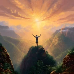 Fotobehang Person standing on top of a mountain, arms outstretched in victory. they are surrounded by a beautiful landscape of lush greenery and the sun is setting in the horizon © Никита Жуковец