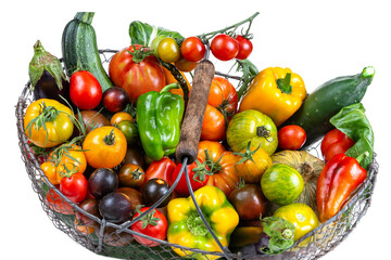 Basket with vegetables cabbage, carrots, cucumbers,butternuts tomatoes, radish ,zuchini and peppers white background ,Concept of biological, bio products, bio ecology, grown by yourself, vegetarians.