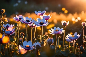 A serene and peaceful landscape with colorful blooming flowers and a clear blue sky.