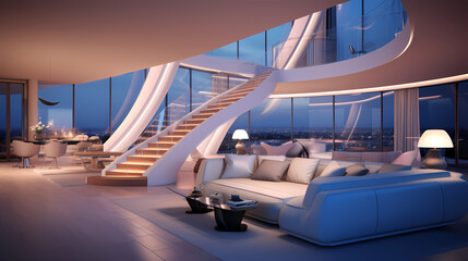 Sleek Penthouse Interior with Comfortable Seating - Modern Penthouse: Futuristic Sofa Vibes