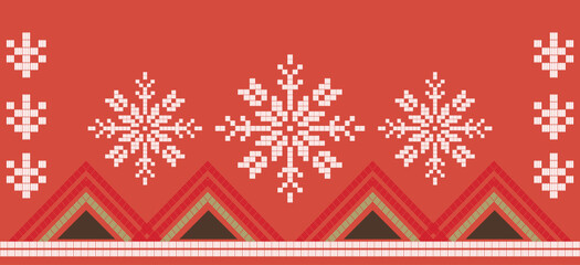 Motif Christmas ethnic handmade beautiful Ikat art. Christmas background. folk embroidery Christmas pattern, geometric art ornament print. red, white colors. snowflake, star, poinsettia design.