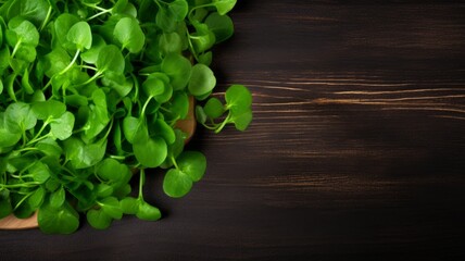 Fresh Organic Watercress Vegetable Photorealistic Horizontal Background. Healthy Vegetarian Diet. Ai Generated Background with Delicious Juicy Watercress Vegetable On Wooden Countertop with Copy Space