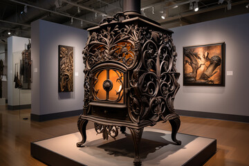  An artistic wood stove featuring intricate metalwork is displayed in a gallery, showcasing its dual purpose as art and utility