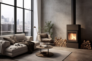 A wood stove in a contemporary urban apartment efficiently heats the space while blending with modern décor - obrazy, fototapety, plakaty