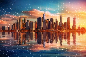 Daytime view of New York City skyline from New Jersey over Hudson River towards Hudson Yards. Manhattan, midtown. Decentralized economy. Blockchain, cryptography, cryptocurrency. Generative AI - obrazy, fototapety, plakaty
