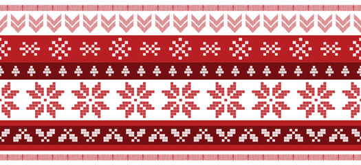 Motif Christmas ethnic handmade beautiful Ikat art. Christmas background. folk embroidery Christmas pattern, geometric art ornament print. red, white colors. snowflake, star, poinsettia design.