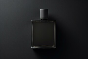 A black glass perfume bottle on the dark black background. Male perfume. Fragrance and perfumery.