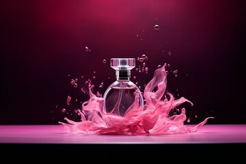 Pink glass perfume bottle on the pink background, splashing perfume around.
