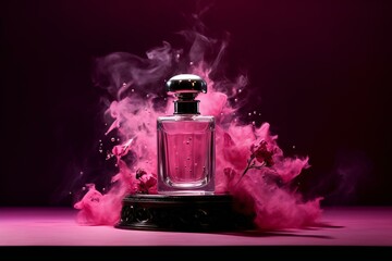 Pink glass perfume bottle on the pink background, splashing perfume around.