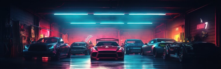 Panoramic view captures a high-end car garage, filled with neatly arranged supercars. Set against a dark environment with sparse lighting, the image exudes exclusivity and luxury. - obrazy, fototapety, plakaty