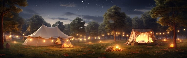 Panoramic view captures a cozy campsite complete with tents and a glowing campfire, all set under a mesmerizing starry sky at night. The image evokes a sense of adventure and tranquility.