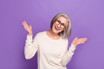 Excited funky grandmother portrait palms hands laughing comic have fun joking her friends about her...