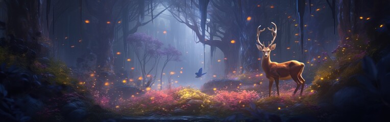 Panoramic view captures a deer in its natural habitat, set against a jungle backdrop illuminated by colorful flora at night. The image evokes a sense of mystical beauty and the wonders of nature.