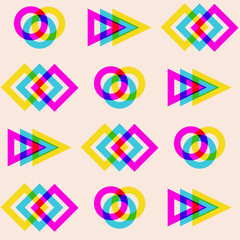 Obraz premium Seamless pattern with geometric shapes an overlapping colors, risograph style.