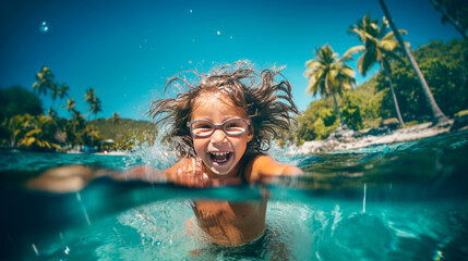 a child playing happily with pool goggles in the water in a tropical paradise.