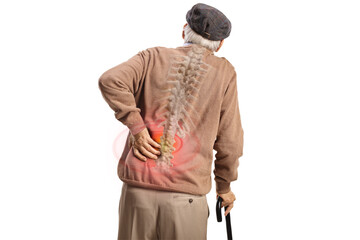 Rear view shot of an elderly man with a back pain and red inflammation spot