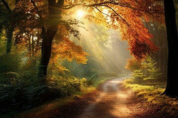 Vibrant autumn forest under sunlit trees. Serene landscape with warm sunshine. Generative AI
