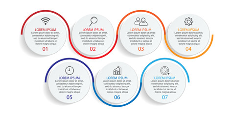 Templat Infografis Bisnis Minimal. Garis waktu dengan 7 langkah, opsi dan ikon pemasaran. Infografis linier vektor dengan tujuh elemen yang terhubung. Dapat digunakan untuk presentasi.
