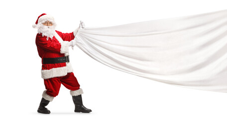 Santa Claus pulling a white piece of cloth