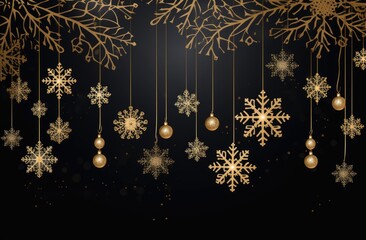 A festive black and gold holiday background with elegant snowflakes and ornaments