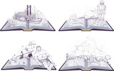 Set open book illustration education read literature story library