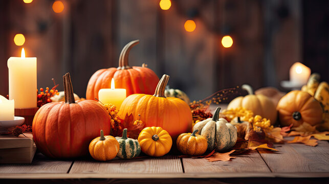 Thanksgiving table setting outdoors with pumpkins and candles. Autumn home decoration.