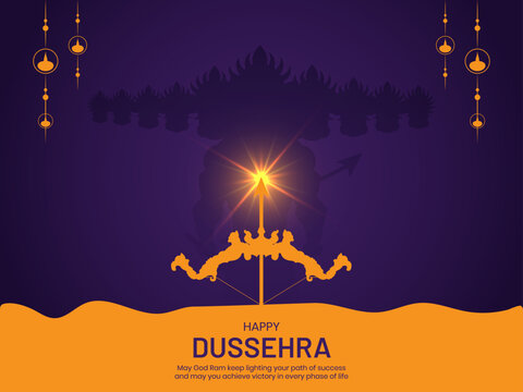 Vector illustration on the celebration of Indian festival Happy Dussehra. Bow and arrow with lighting over evil.