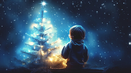 Happy child by the Christmas tree with neon lighting. Christmas or New Year mood. Banner.