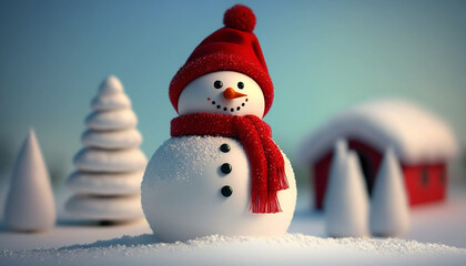 Obraz premium Happy Greeting smiling snow man wear red hat and scarf stand in snow and winter landscape with bokeh background for a Merry Christmas and happy new year