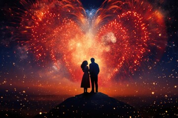 A couple enjoying a fireworks display from a hilltop viewpoint - obrazy, fototapety, plakaty