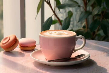 3D rendered pink cup with peach colored cappuccino. Generative AI