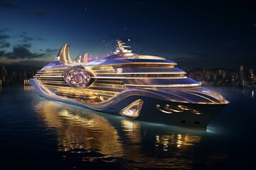 A futuristic luxury cruise ship sailing at night. Generative AI - obrazy, fototapety, plakaty