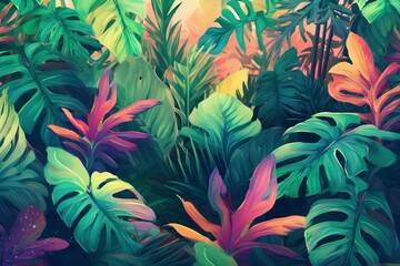 Fototapeta na wymiar Lush foliage in vibrant hues. Natural, fresh, and abstract. Tropical paradise with minimal jungle aesthetic. Generative AI