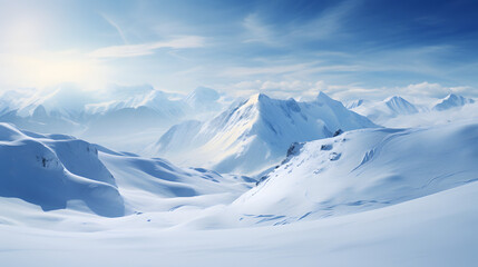 Pristine snowy mountain with fresh ski tracks weaving through powder - obrazy, fototapety, plakaty