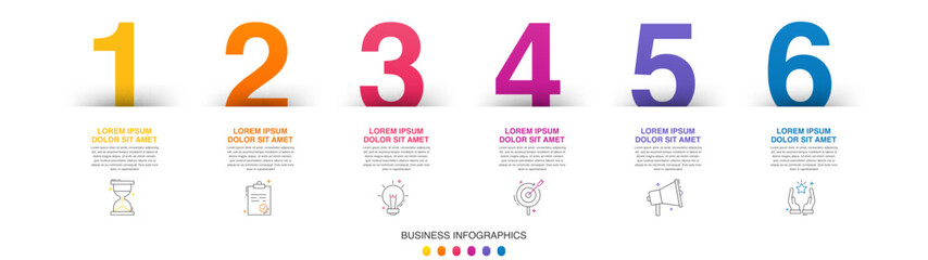 Modern vector flat illustration. Line infographic numbers template with six elements, icons. Timeline designed for business, presentations, web design, interface, diagrams with 6 steps