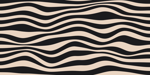 Wavy stripes horizontal background. Abstract geometric retro texture. Black wavy distorted stripes on a beige background. Vector illustration