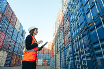 Woman engineer with Clip Folder in white helmet and vest working in container terminal port - obrazy, fototapety, plakaty