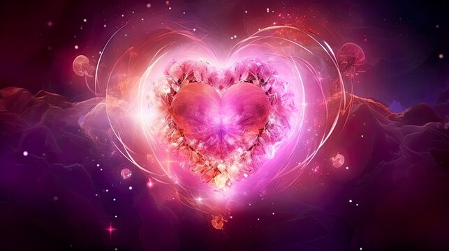 Radiant pink light heart shining in the cosmos. Expanding glowing cosmic love, manifestation of spirituality permeating everywhere. Love illuminating our souls, fostering connections, relationships. 