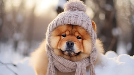 Cute chow chow in a cold winter in a warm knitted hat, generative AI - obrazy, fototapety, plakaty