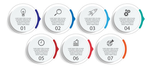 Templat Infografis Bisnis Minimal. Garis waktu dengan 7 langkah, opsi dan ikon pemasaran. Infografis linier vektor dengan tujuh elemen yang terhubung. Dapat digunakan untuk presentasi.