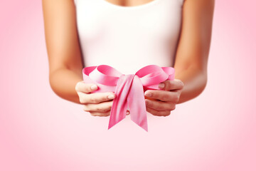 Pink ribbon in female hands close-up, support for women with breast cancer, concept of love and care