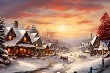 Fototapeta premium A picturesque snowy village at sunset