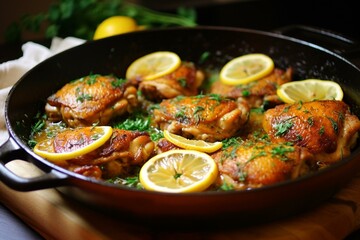Flavorful chicken thighs with tangy lemon, garlic, and butter. Simple yet delectable dinner idea. Generative AI