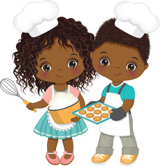 Vector Cute Little Black Kids Wearing Chef Uniform Baking Cookies. Vector Cute Little Chefs