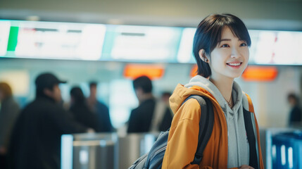 年末年始の海外旅行のために空港で飛行機を待っている日本人女性