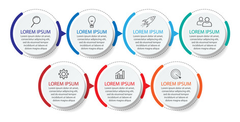 Templat Infografis Bisnis Minimal. Garis waktu dengan 7 langkah, opsi dan ikon pemasaran. Infografis linier vektor dengan tujuh elemen yang terhubung. Dapat digunakan untuk presentasi.