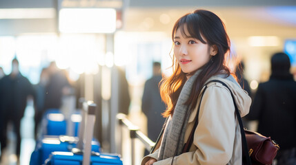 年末年始の海外旅行のために空港で飛行機を待っている日本人女性